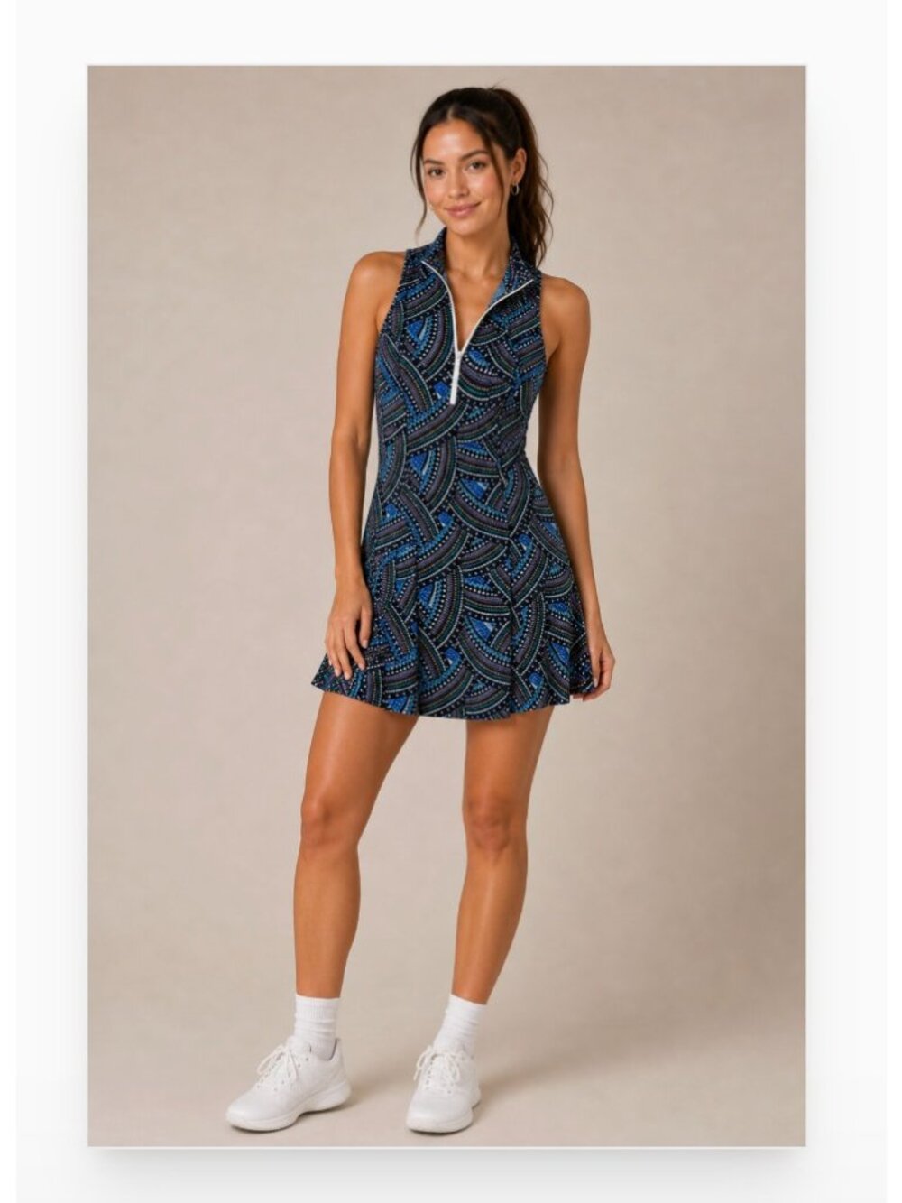 Tzu Tzu Dress Womens Small Blue Geometric Sleeveless Collared Zip Shirt Dress